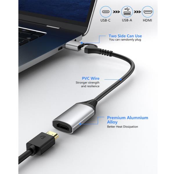 EQUIP - ADATTATORE da USB a HDMI (USB-C + A), 1080P HD 4