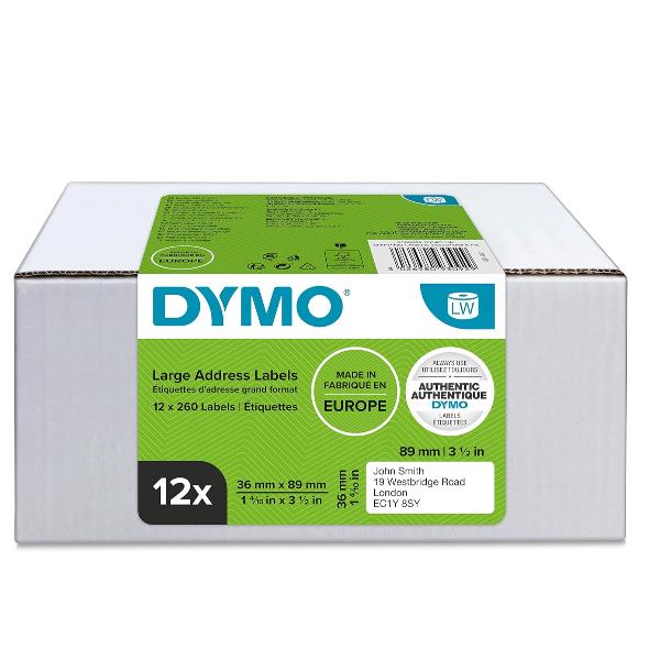 DYMO FORMATO CONVENIENZA 12 ROTOLI - LABELWRITER ETICHETTE 36x89MM - BIANCO - 260 etichette a rotolo