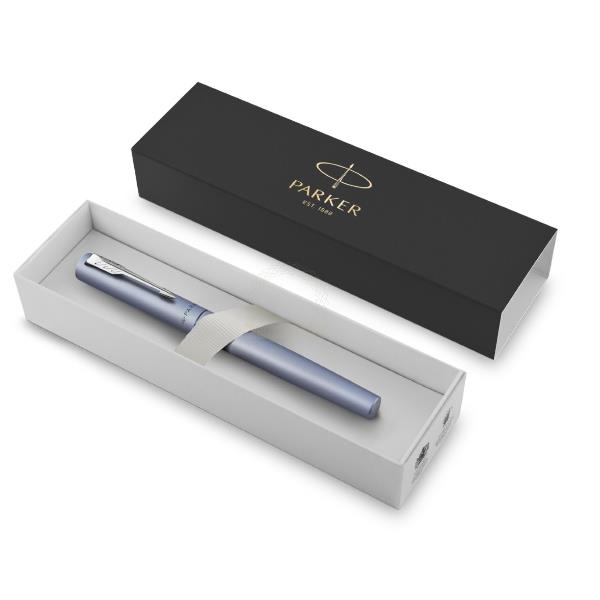 PARKER Penna roller Vector XL Punta sottile Laccatura argento blu metallizzato su ottone con puntale cromato Punta sottile
