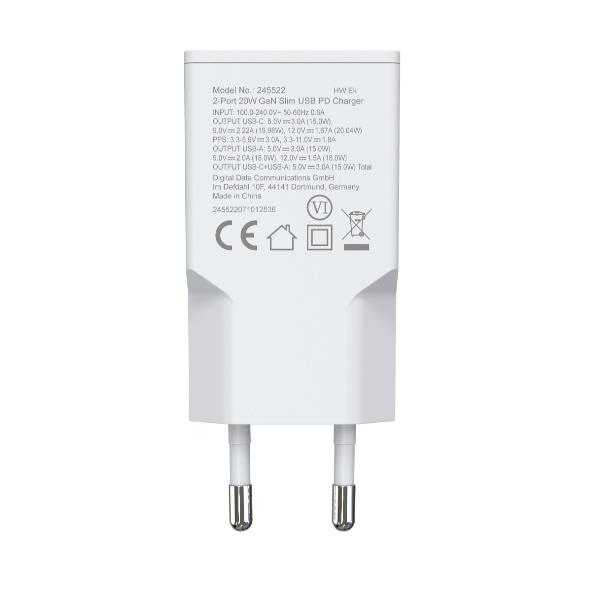 EQUIP - Caricabatterie GaN PD sottile USB a 2 porte da 20W, 1x USB-C + 1x USB-A 4