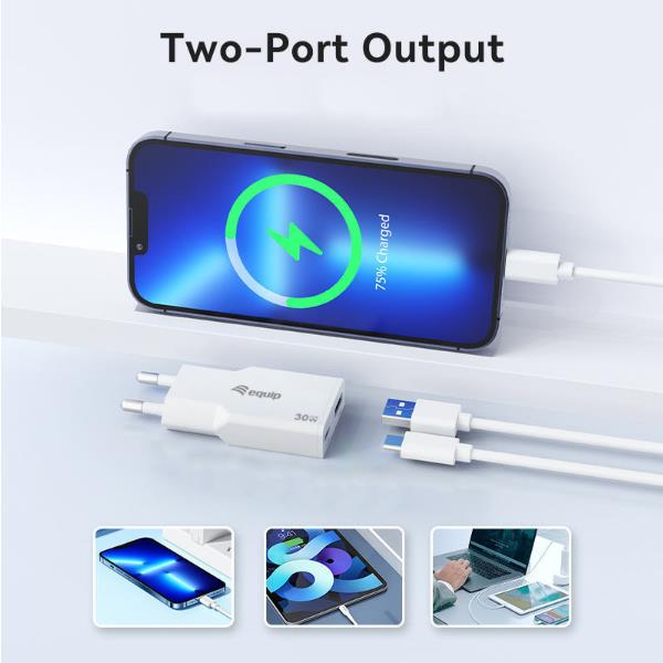 EQUIP - Caricabatterie GaN PD sottile da 30W con 2 porte USB, 1x USB-C + 1x USB-A 7