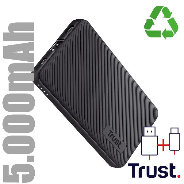 TRUST POWER BANK 5.000MAH - 1 USB-A 12W + 1 MICRO-USB + 1USB-C 15W - PLASTICA RICICLATA 50% - TRUST PRIMO POWERBANK - NERO