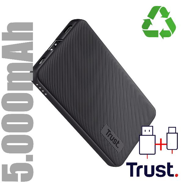 POWER BANK 5.000MAH - 1 USB-A 12W + 1 MICRO-USB + 1USB-C 15W - PLASTICA RICICLATA 50% - TRUST PRIMO POWERBANK - NERO 2