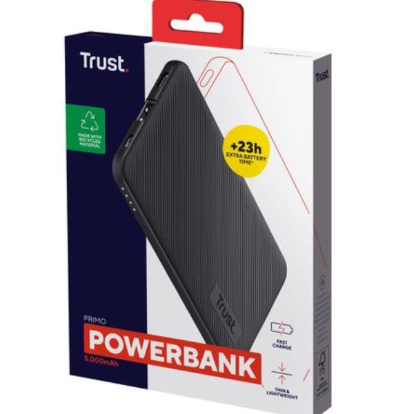 POWER BANK 5.000MAH - 1 USB-A 12W + 1 MICRO-USB + 1USB-C 15W - PLASTICA RICICLATA 50% - TRUST PRIMO POWERBANK - NERO 7