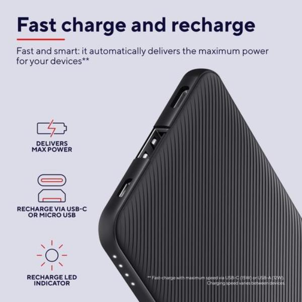 POWER BANK 5.000MAH - 1 USB-A 12W + 1 MICRO-USB + 1USB-C 15W - PLASTICA RICICLATA 50% - TRUST PRIMO POWERBANK - NERO 8