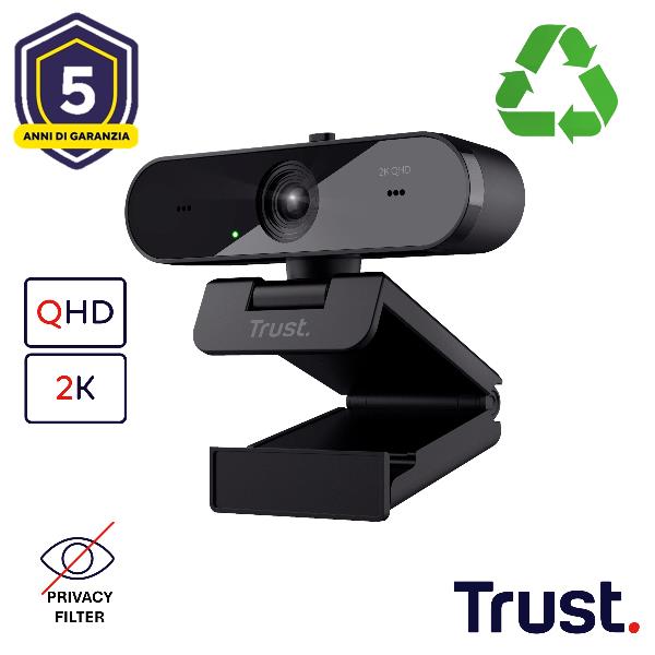 TRUST WEBCAM 2K QHD 2560X1440p - FILTRO PRIVACY - 85% PLASTICA RICICLATA - TRUST TAXON - NERO