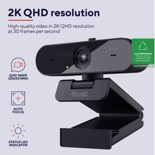 WEBCAM 2K QHD 2560X1440p - FILTRO PRIVACY - 85% PLASTICA RICICLATA - TRUST TAXON - NERO 2