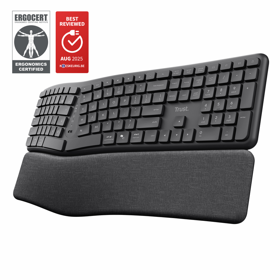 TRUST TASTIERA ERGONOMICA (CERTIFICATA ERGOCERT) WIRELESS MULTICONNECT BT + 2,4GHz - PLASTICA RICICLATA 85% - LAYOUT AMERICANO US -TRUST KEYRA NERO