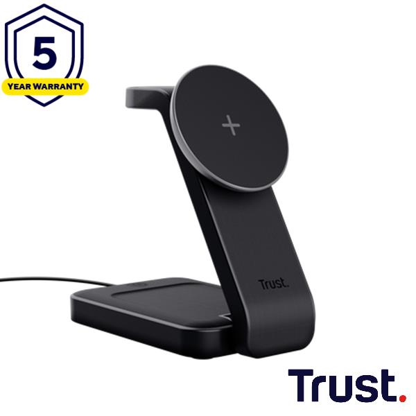 TRUST CARICABATTERIA WIRELESS MAGNETICO/MAGSAFE PER IPHONE APPLE WATCH AIRPODS STAND RICHIUDIBILE - TRUST VIRO 3-IN-1 - NERO