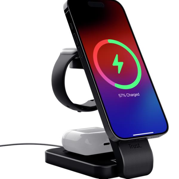 CARICABATTERIA WIRELESS MAGNETICO/MAGSAFE PER IPHONE APPLE WATCH AIRPODS STAND RICHIUDIBILE - TRUST VIRO 3-IN-1 - NERO 4