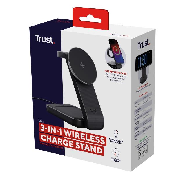 CARICABATTERIA WIRELESS MAGNETICO/MAGSAFE PER IPHONE APPLE WATCH AIRPODS STAND RICHIUDIBILE - TRUST VIRO 3-IN-1 - NERO 6