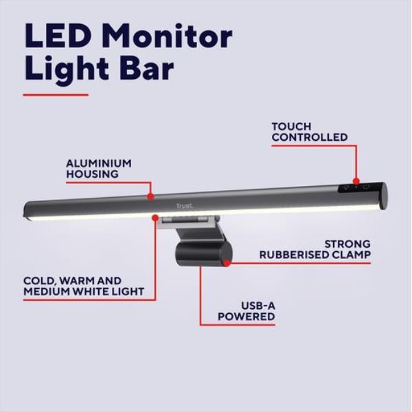 LAMPADA LED BARRA MONITOR LIGHT BAR, ANTI LUCE BLU, ANTI RIFLESSO, COMANDI TOUCH (LUCE FREDDA, NATURALE, CALDA) - TRUST SHYNE - NERO 9
