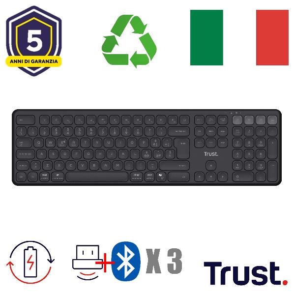 TRUST TASTIERA WIRELESS RICARICABILE MULTICONNECT 2 BT + 1 WL 2,4GHZ - PLASTICA RICICLATA 55% - LAYOUT ITALIANO - TRUST VAIYA - NERO