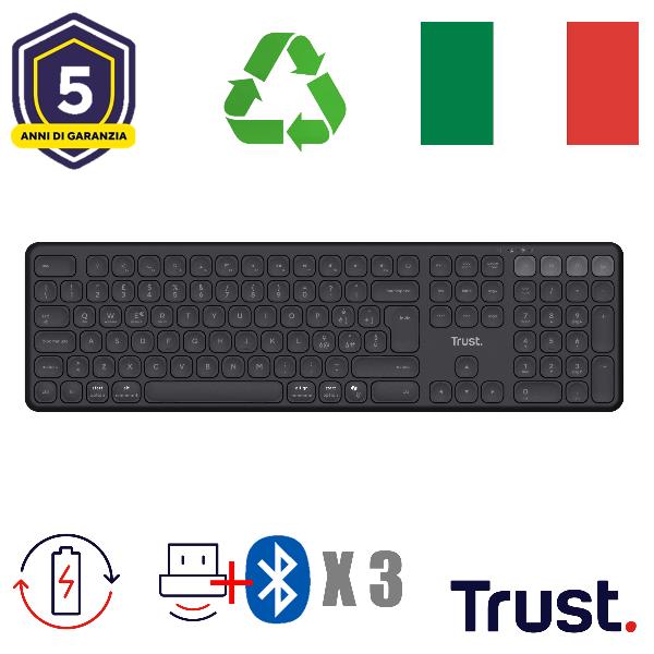 TASTIERA WIRELESS RICARICABILE MULTICONNECT 2 BT + 1 WL 2,4GHZ - PLASTICA RICICLATA 55% - LAYOUT ITALIANO - TRUST VAIYA - NERO 8