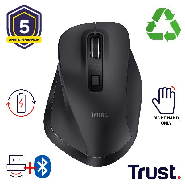TRUST MOUSE WIRELESS RICARICABILE MULTICONNECT BT + WL 2,4GHZ - 2.400DPI - PLASTICA RICICLATA 50% - TRUST FYDA MULTIDEVICE - NERO