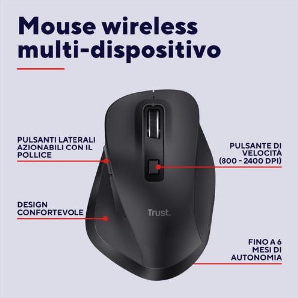 MOUSE WIRELESS RICARICABILE MULTICONNECT BT + WL 2,4GHZ - 2.400DPI - PLASTICA RICICLATA 50% - TRUST FYDA MULTIDEVICE - NERO 2