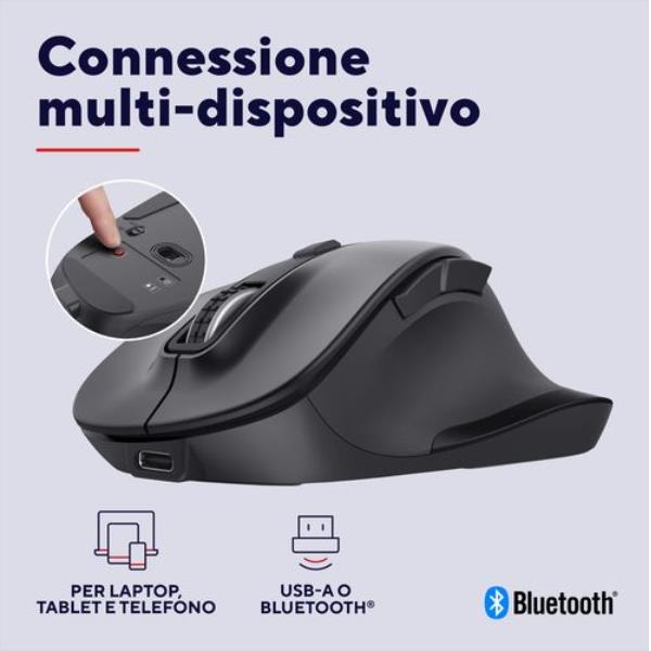 MOUSE WIRELESS RICARICABILE MULTICONNECT BT + WL 2,4GHZ - 2.400DPI - PLASTICA RICICLATA 50% - TRUST FYDA MULTIDEVICE - NERO 4