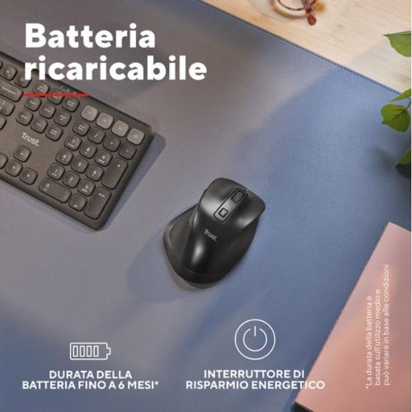 MOUSE WIRELESS RICARICABILE MULTICONNECT BT + WL 2,4GHZ - 2.400DPI - PLASTICA RICICLATA 50% - TRUST FYDA MULTIDEVICE - NERO 5