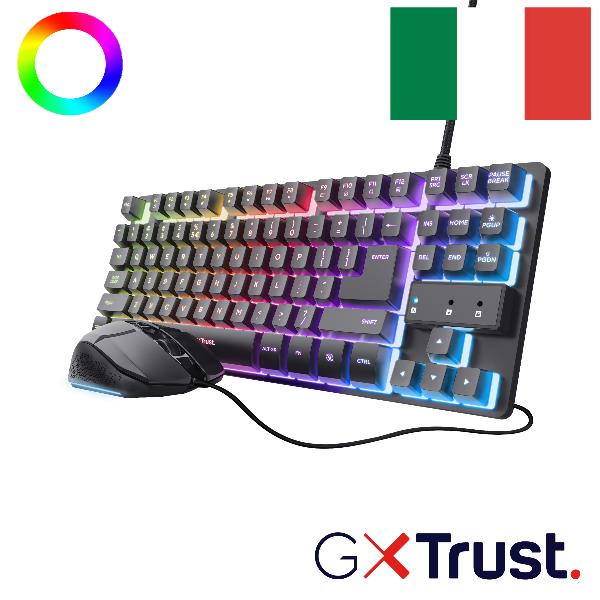 TRUST SET GAMING TASTIERA (COMPATTA TKL) E MOUSE (6.400DPI) CABLATI ILLUMINATI - PLASTICA RICICLATA 69% - LAYOUT ITALIANO - TRUST GXT798 SET 2 IN 1 - NERO