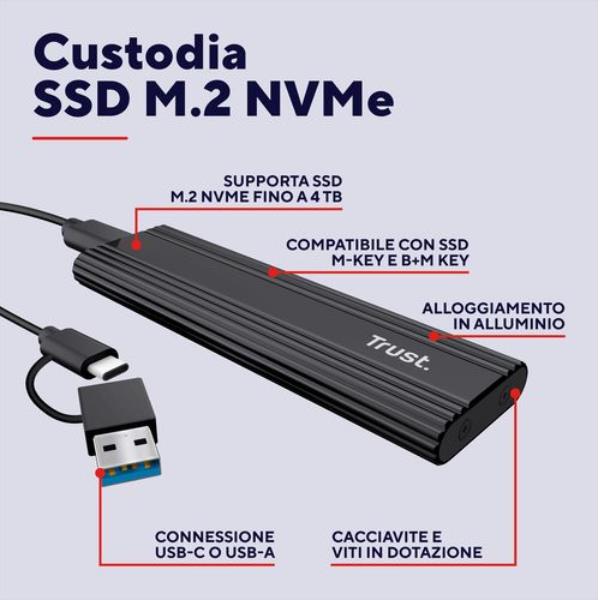 CASE/CUSTODIA HDD SSD NMVe M.2 USB USB-C + USB-A TRUST - NERO 3