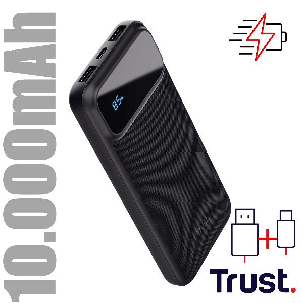 TRUST POWER BANK 10.000MAH CARICA VELOCE - 2 USB-A 18W QC 3.0 AUTO DETECT + 1 USB-C 20W PD 3.0 + PPS - TRUST AVALA POWERBANK - NERO