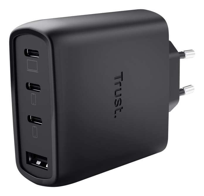 TRUST ALIMENTATORE/CARICABATTERIA 65W 4 PORTE (3 USB-C, 1 USB-A) GAN - CAVO RICARICA 2M INCLUSO - PLASTICA RICICLATA 50% - TRUST MAXO - NERO