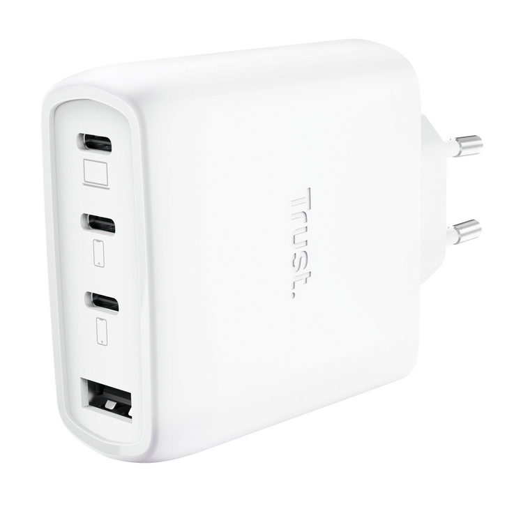 TRUST ALIMENTATORE/CARICABATTERIA 65W 4 PORTE (3 USB-C, 1 USB-A) GAN - CAVO RICARICA 2M INCLUSO - PLASTICA RICICLATA 50% - TRUST MAXO - BIANCO