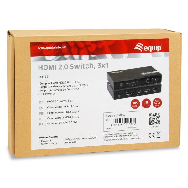 EQUIP - SWITCH HDMI 2.0 4K/60Hz, 3xIN + 1xOUT 4