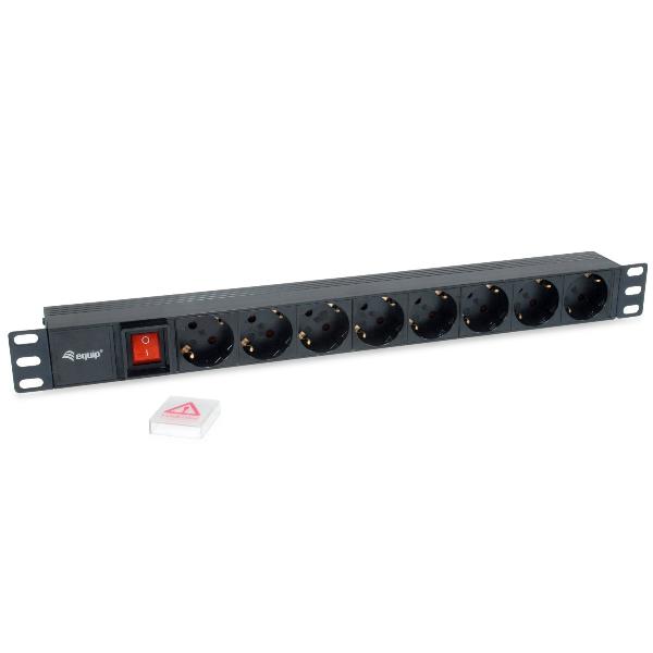 EQUIP EQUIP - MULTIPRESA 8-BAY SCHUKO DIN49440, Spina Schuko CEE7/7 90°, 1U 19" con interruttore, Alluminio