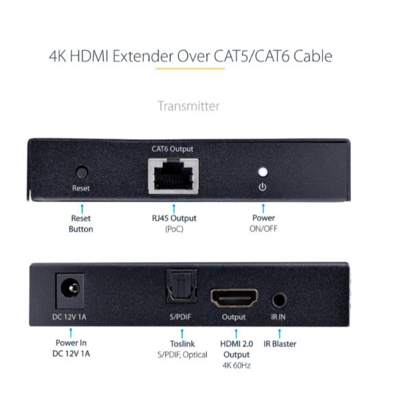 Extender HDMI 4K su Cavo Ethernet CAT5/CAT6, Video Extender 4K 60Hz HDR fino a 70m, Uscita HDMI e Audio S/PDIF su Cavo di Rete 4