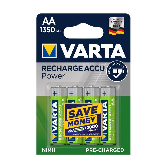 VARTA Batteria Ricaricabile AA Stilo, 1350 mAh, Confezione da 4 Pezzi, Pre-caricate, Pronte all'Uso