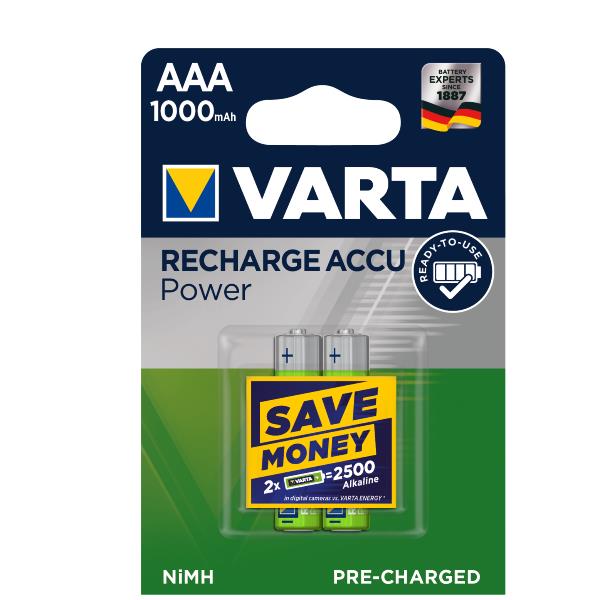 VARTA Varta Batteria Ricaricabile AAA MiniStilo, 1000 mAh, Confezione da 2 Pezzi, Pre-caricate