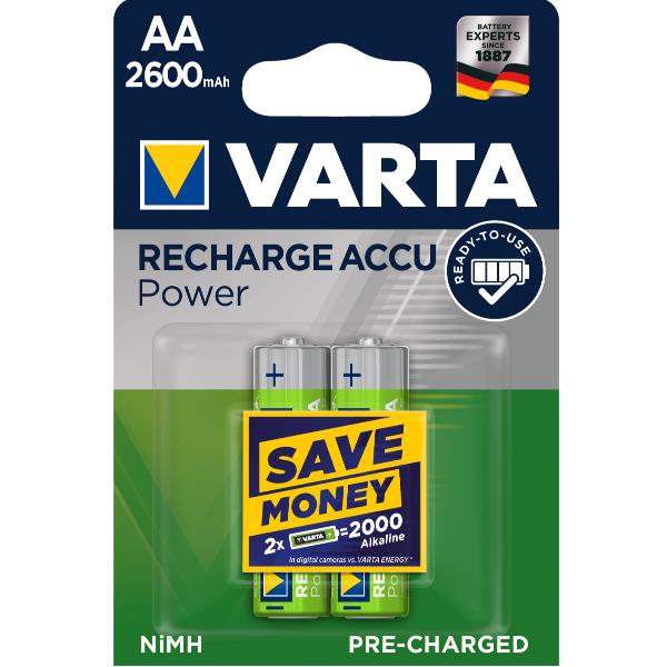 VARTA Varta Batteria Ricaricabile AA Stilo, 2600 mAh, Confezione da 2 Pezzi, Pre-caricate