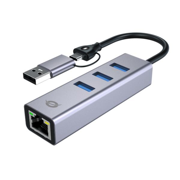 CONCEPTRONIC Adattatore di rete da USB-C a Gigabit con hub USB a 3 porte