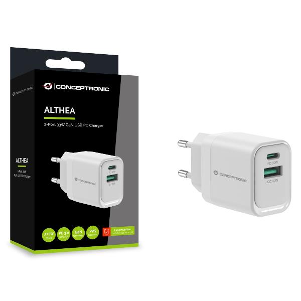 CARICATORE PD USB 2-PORTE da 33W GaN, 1x USB-C, 1x USB-A, QC 3.0, PPS, PD 3.0 2