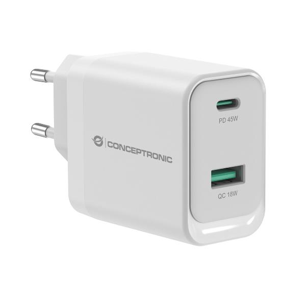 CARICATORE PD USB 2-PORTE 45W GaN, 1x USB-C, 1x USB-A, QC 3.0, PPS, PD 3.0 2