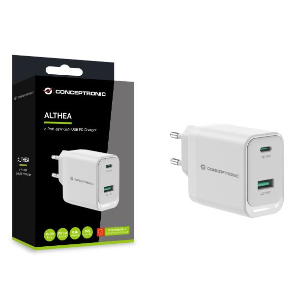 CARICATORE PD USB 2-PORTE 45W GaN, 1x USB-C, 1x USB-A, QC 3.0, PPS, PD 3.0 3