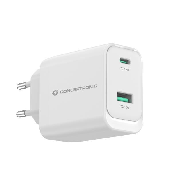 CARICATORE PD USB 2-PORTE 45W GaN, 1x USB-C, 1x USB-A, QC 3.0, PPS, PD 3.0 4