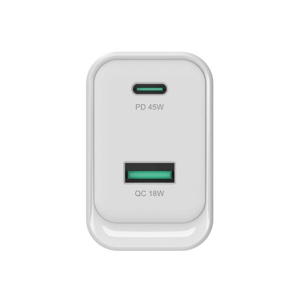 CARICATORE PD USB 2-PORTE 45W GaN, 1x USB-C, 1x USB-A, QC 3.0, PPS, PD 3.0 5