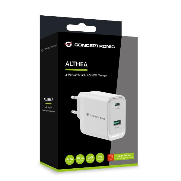 CARICATORE PD USB 2-PORTE 45W GaN, 1x USB-C, 1x USB-A, QC 3.0, PPS, PD 3.0 6