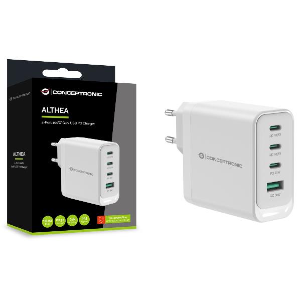 CARICATORE PD USB 4-PORTE 100W GaN, 3x USB-C, 1x USB-A, QC 3.0, PPS, PD 3.0 4
