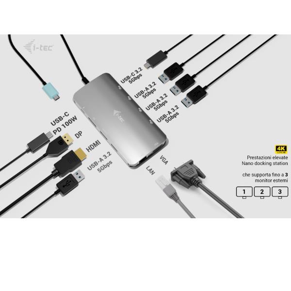 DOCKING USB-C METAL NANO 3 MONITOR (HDMI+VGA+DP), 5xUSB 3.2 7