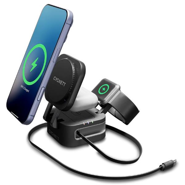 Cygnett Caricabatterie wireless pieghevole 3 in 1 con cavo retrattile