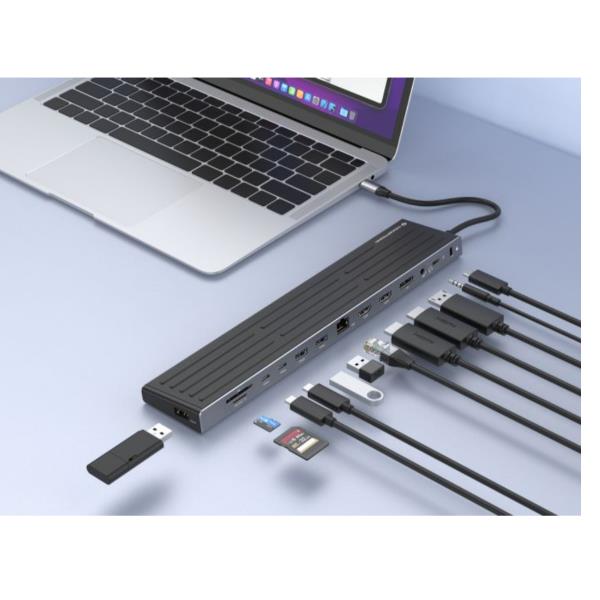 DOCKING STATION 14-in-1 USB 3.2 Gen 1, 2x HDMI, DP, GbE LAN, 3x USB-A 5Gbps, 2x USB-C 5Gbps, SD, TF/MicroSD, cuffie da 3,5 mm, slot di sicurezza, 100W USB PD 2
