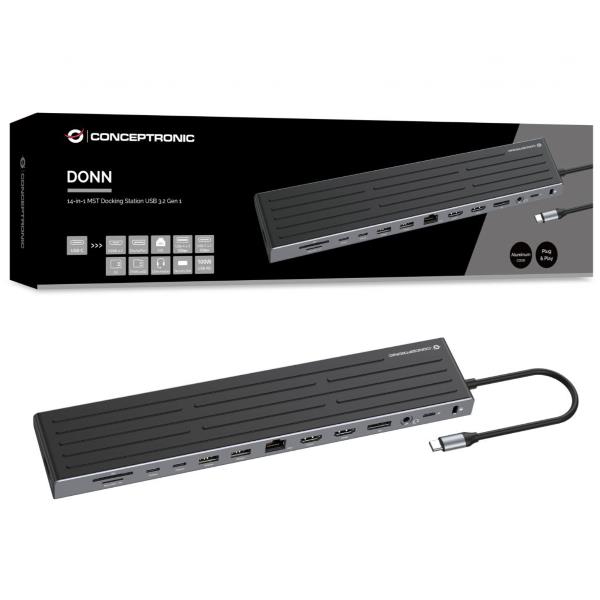 DOCKING STATION 14-in-1 USB 3.2 Gen 1, 2x HDMI, DP, GbE LAN, 3x USB-A 5Gbps, 2x USB-C 5Gbps, SD, TF/MicroSD, cuffie da 3,5 mm, slot di sicurezza, 100W USB PD 5