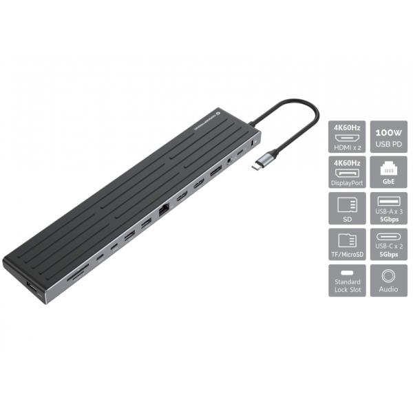 DOCKING STATION 14-in-1 USB 3.2 Gen 1, 2x HDMI, DP, GbE LAN, 3x USB-A 5Gbps, 2x USB-C 5Gbps, SD, TF/MicroSD, cuffie da 3,5 mm, slot di sicurezza, 100W USB PD 6