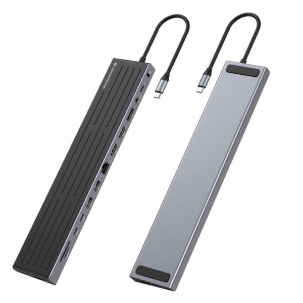 DOCKING STATION 14-in-1 USB 3.2 Gen 1, 2x HDMI, DP, GbE LAN, 3x USB-A 5Gbps, 2x USB-C 5Gbps, SD, TF/MicroSD, cuffie da 3,5 mm, slot di sicurezza, 100W USB PD 7