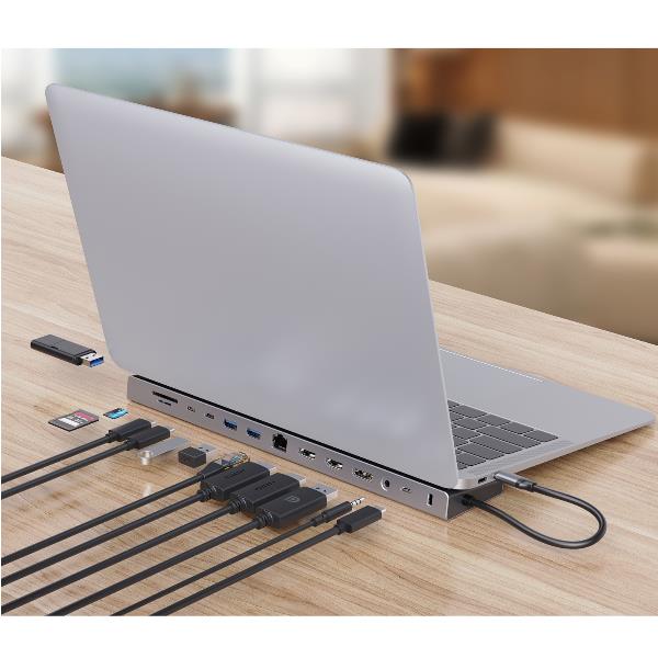DOCKING STATION 14-in-1 USB 3.2 Gen 1, 2x HDMI, DP, GbE LAN, 3x USB-A 5Gbps, 2x USB-C 5Gbps, SD, TF/MicroSD, cuffie da 3,5 mm, slot di sicurezza, 100W USB PD 8