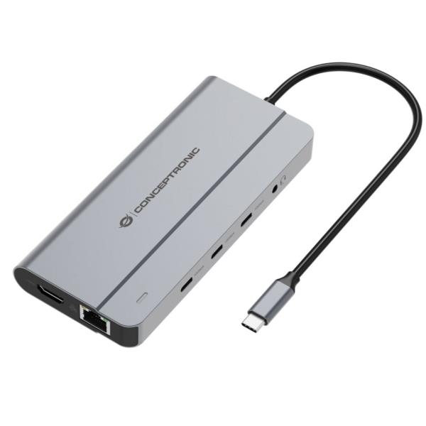 CONCEPTRONIC Docking Station MST USB 3.2 Gen 2 10-in-1, HDMI 4K 60Hz, DisplayPort 8K 30Hz, GbE 1000Mbps, USB-C 10Gbps x 3, USB-A 480Mbps x 2, 3.5mm Audio, 100W USB PD
