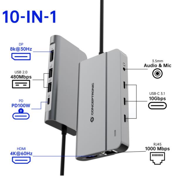 Docking Station MST USB 3.2 Gen 2 10-in-1, HDMI 4K 60Hz, DisplayPort 8K 30Hz, GbE 1000Mbps, USB-C 10Gbps x 3, USB-A 480Mbps x 2, 3.5mm Audio, 100W USB PD 11